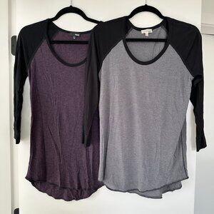 2 Aritzia Wilfred Free Baseball Tops Womens Size Small Purple Grey 3/4 Sleeve